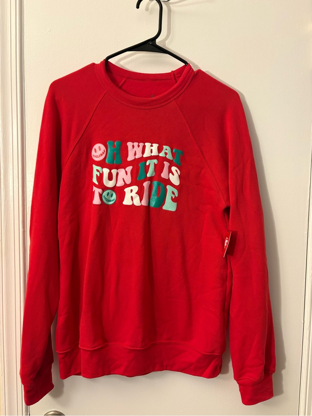 Cyclebar Red Sweatshirt with White and Teal Lettering
